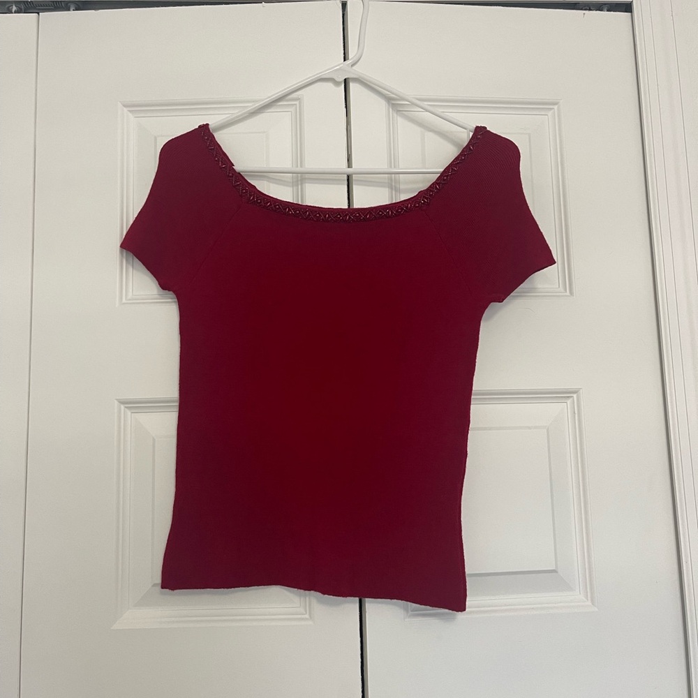 INC International Concepts Red Short Sleeve Top with stunning red bead neckline